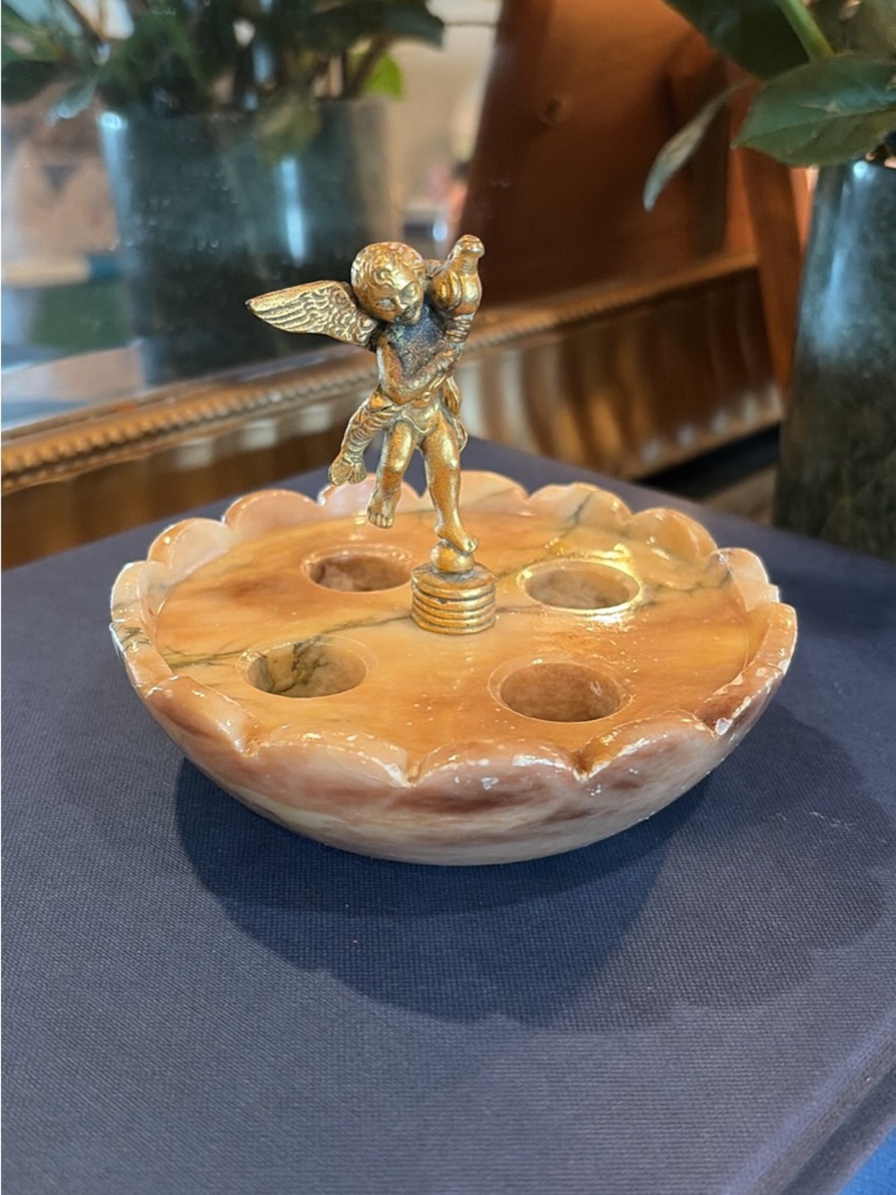 Vintage Art Deco Alabaster Marble Italian Brass Cherub Lipstick Holder Vanity